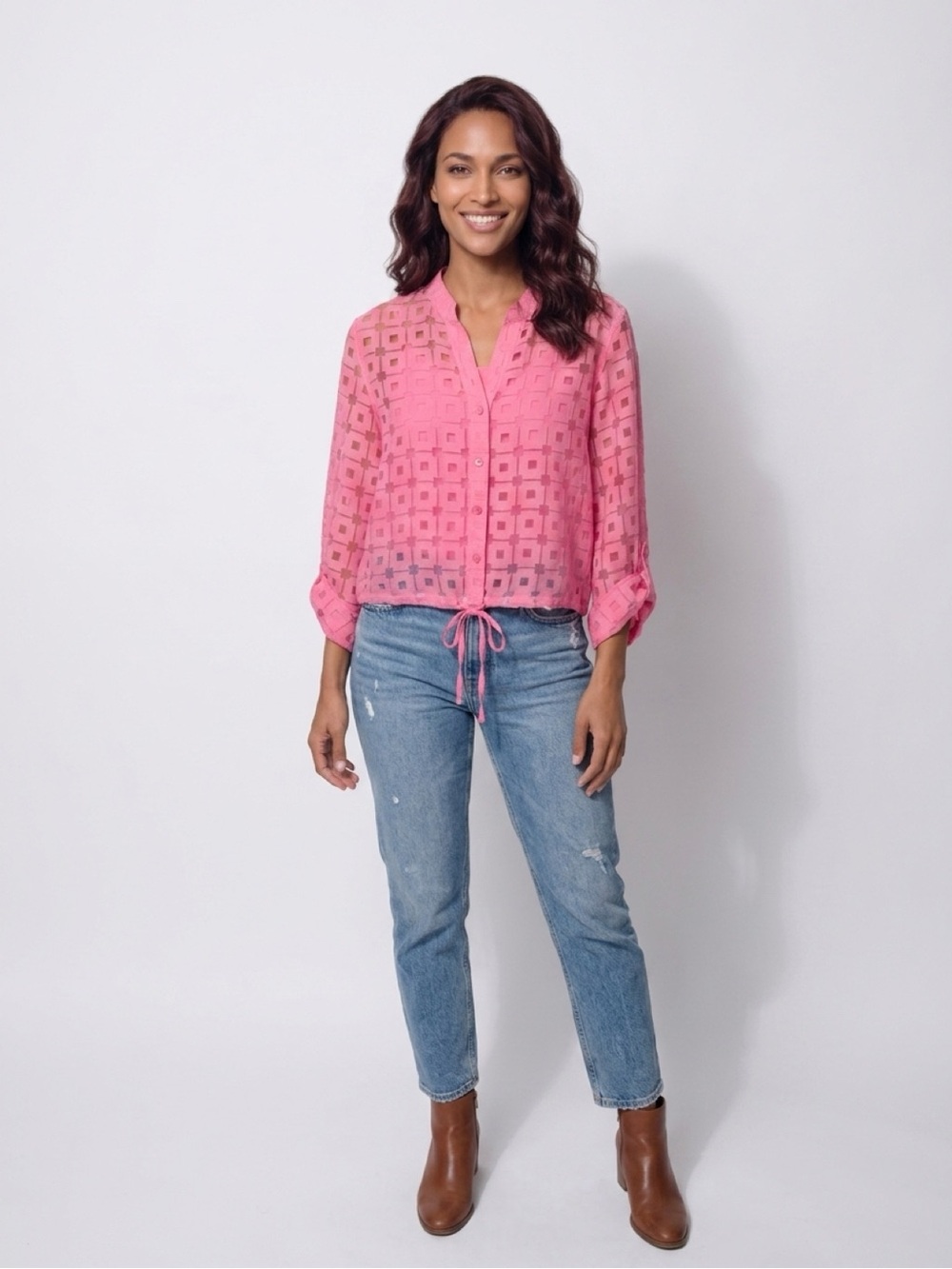 🩷Pink Geometric Burnout Sheer Button Up Blouse Top Drawstring NWOT 16